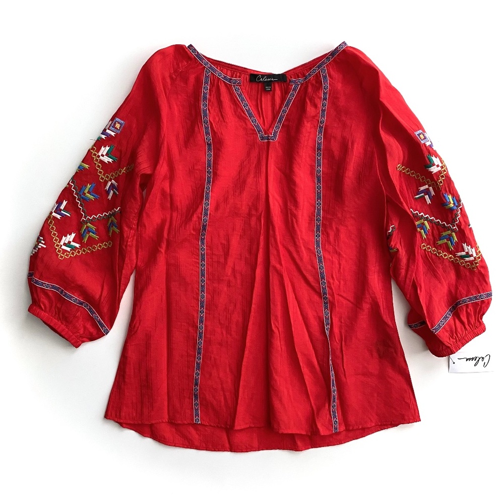Calessa Nwt Red Embroidered Balloon Sleeve Split Neck 3/4 Sleeve Tunic Top